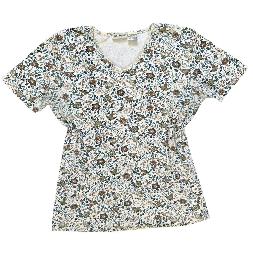 White Stag Floral Top XL Cotton Short Sleeve Casual Cottagecore Vintage Style